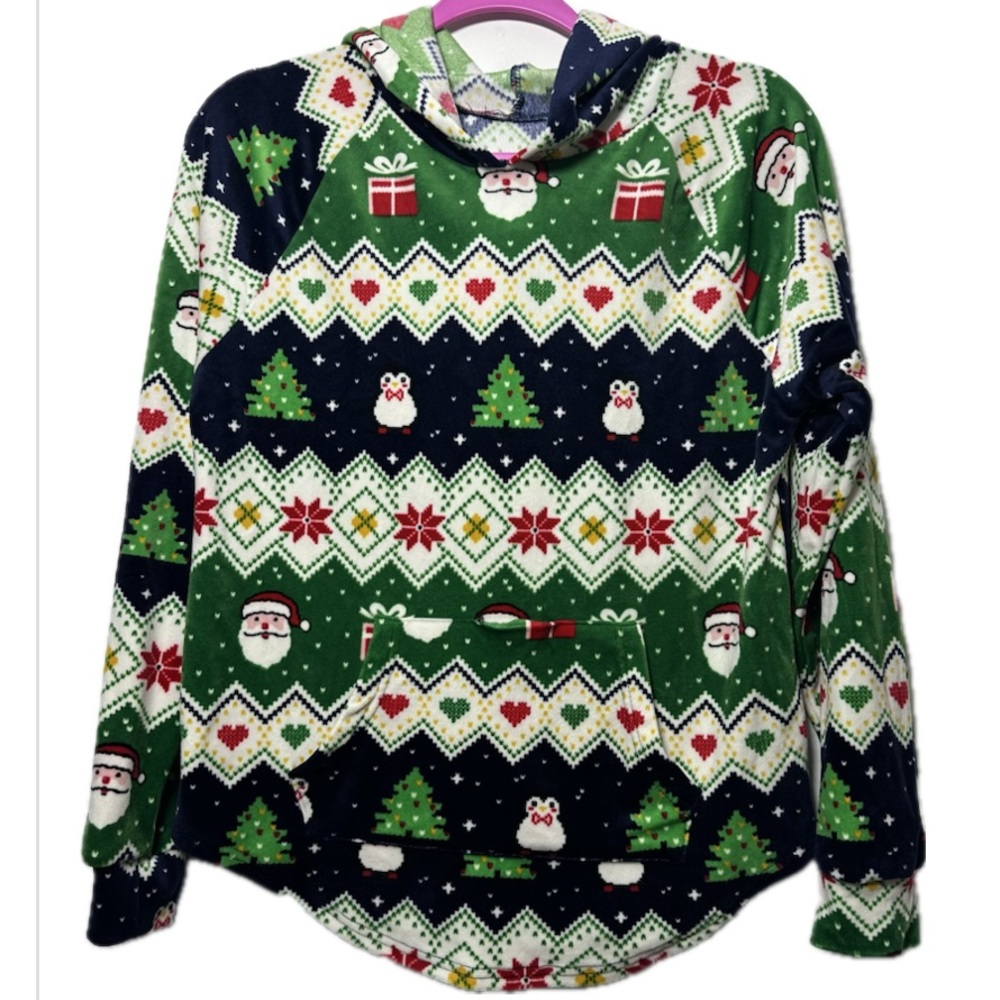 Festive Plush Christmas Hoodie: Santa Trees Owls Junior/Youth Size M (7-9), FLAW